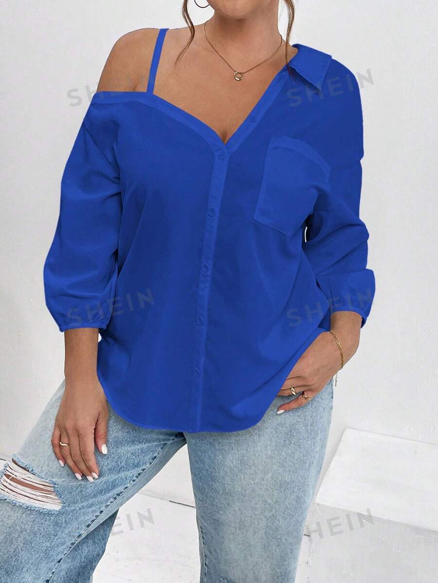 SHEIN Essnce Camisas casuales elegantes de mujer talla grande de nuevo estilo con diseño asimétrico de hombros descubiertos y mangas medias a rayas para uso casual, trabajo o para maestras