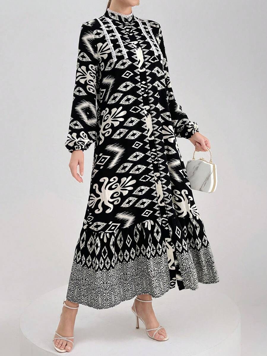 Mulvari Women Geometric Print Stand Collar Long Lantern Sleeve Arabian Modest Dress