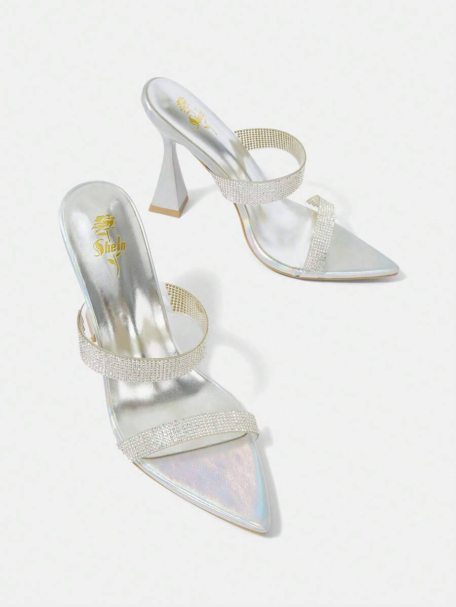SheIn Belle Women's Pointed Toe High-Heel Sandals With Rhinestone Straps, Shiny And Sexy