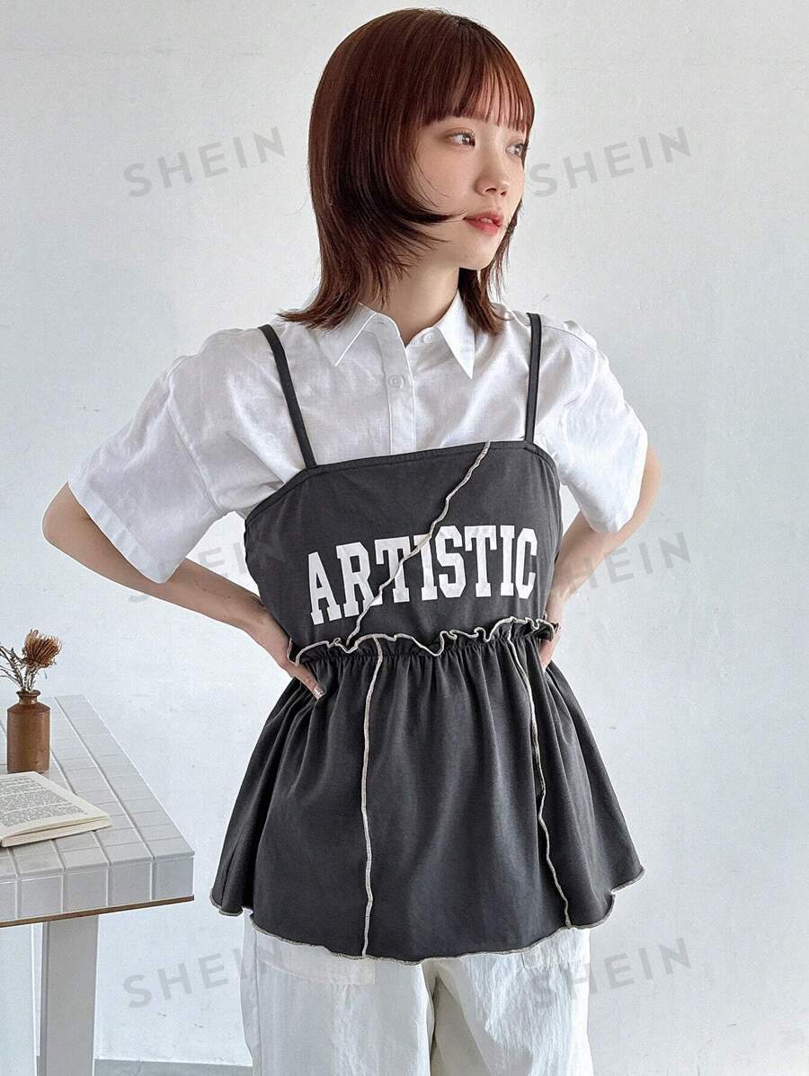 FRIFUL Top de canesú con Top de volantes con estampado de letras y borde de madera para mujer en verano