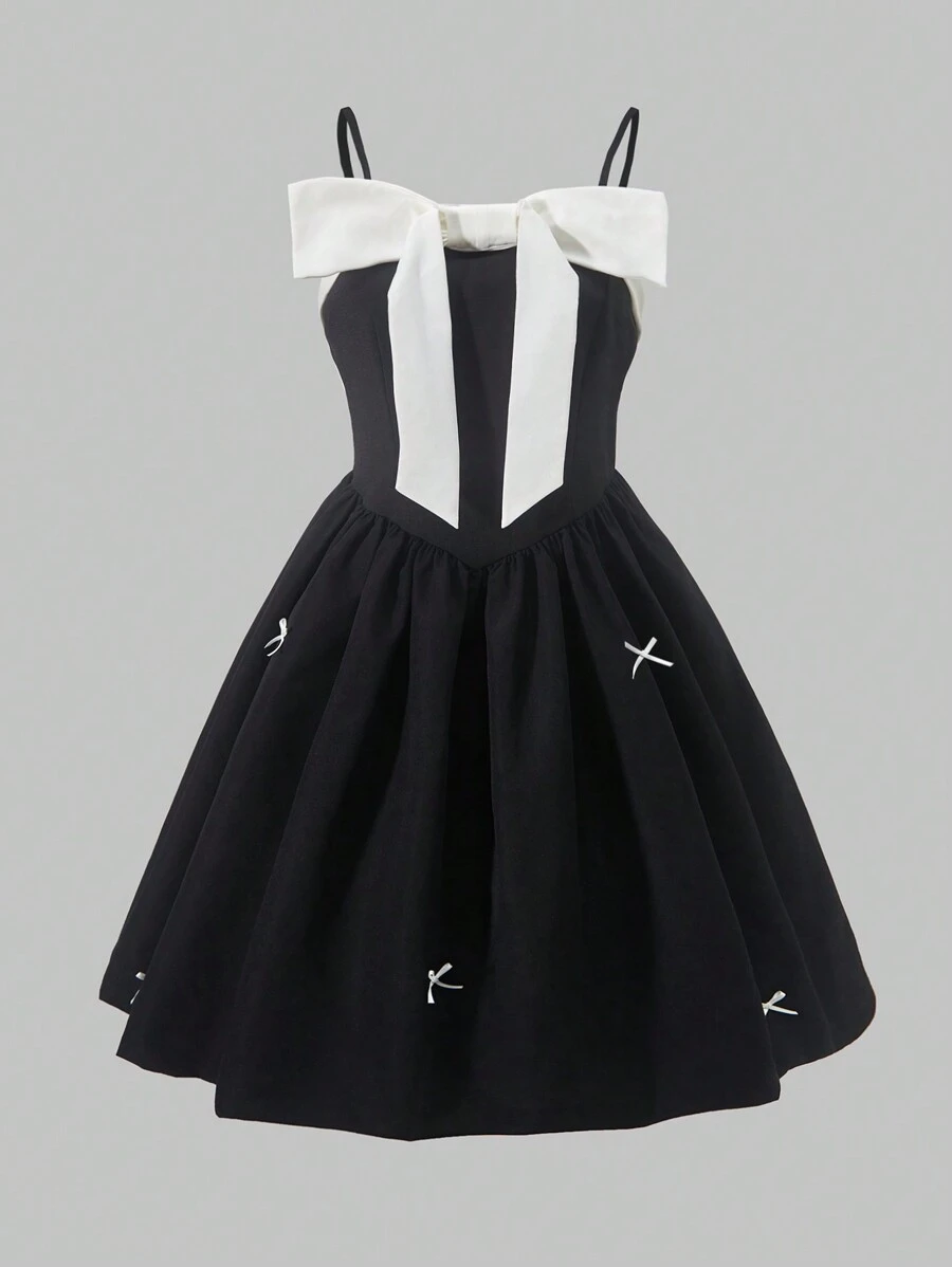 Vestido de alças com laço bonito para adolescente, adequado para o verão