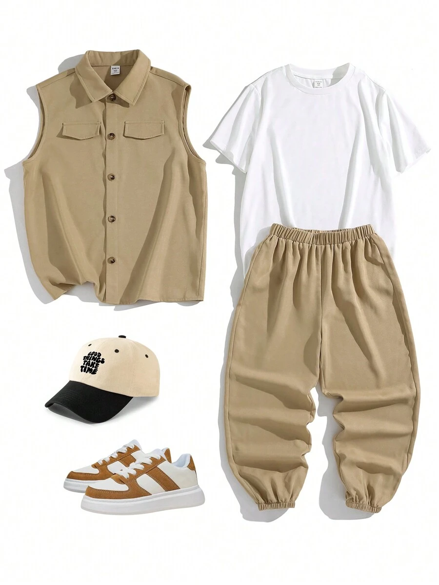 3 buc/Set Tween Boy Tricou lejer casual, Vestă țesătă de culoare solidă, Pantaloni lungi cu manșete