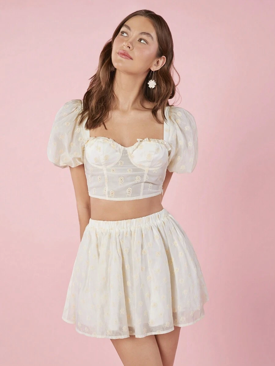 Enchnt Women Fashionable Short Puff Sleeve Top And Skirt Summer Two-Piece Outfits Set, For Music Festival