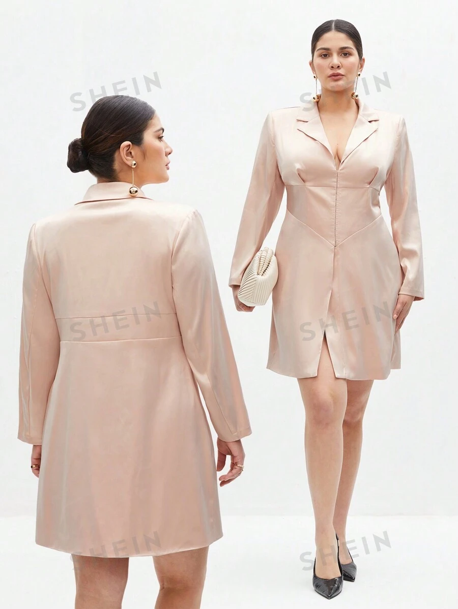 BizChic Vestido De Talla Grande De Mujer De Color Sólido Con Cuello De Solapa Y Manga Larga