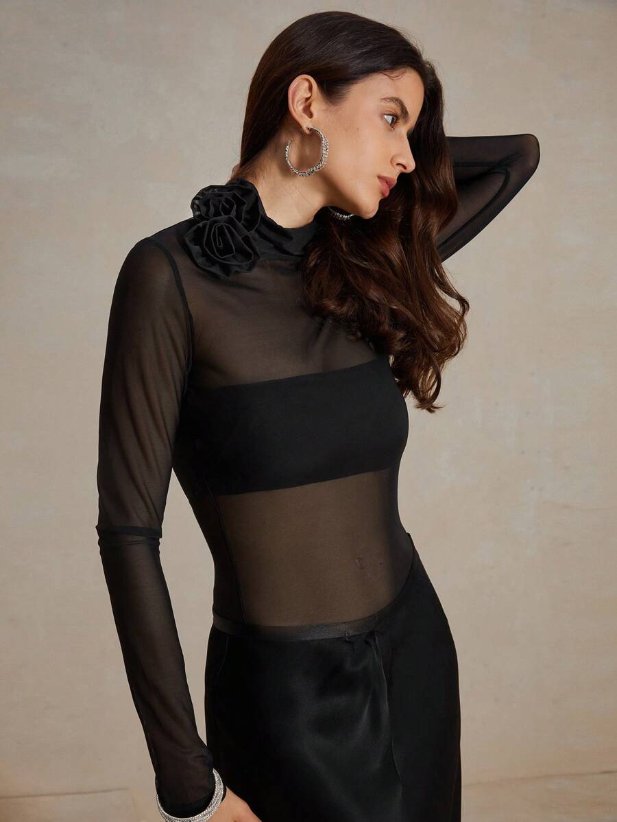 SHEIN Allurite Women Fitted Sheer 3D Rose Long Sleeve Blouse