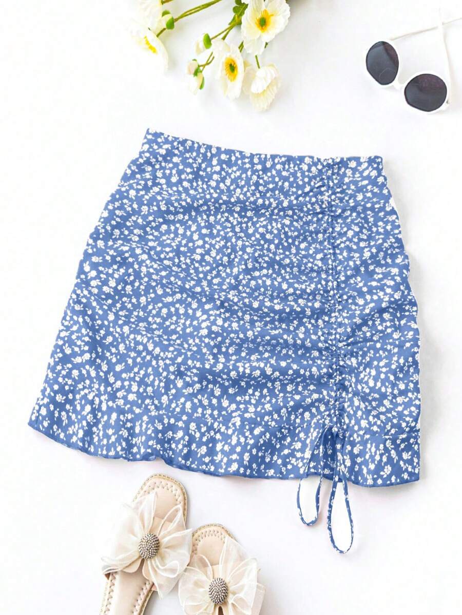 Flirla Plus Size Summer Casual Vacation Floral Printed Skirt With Side Drawstring Vacation Beach Outfits Women