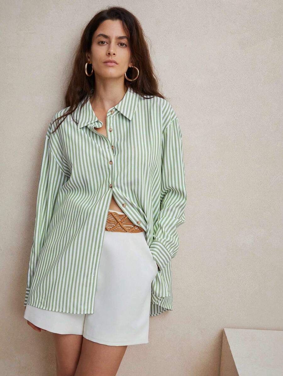 Anewsta Green Striped Loose And Comfortable Commuting Shirt