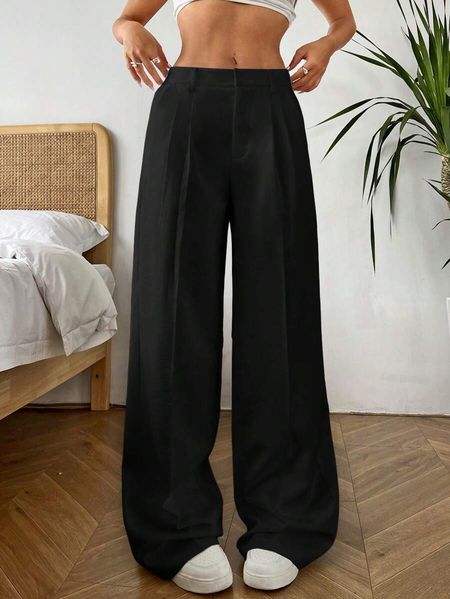 SHEIN EZwear Pantalones casuales de pierna ancha y ajuste holgado con pliegues y bolsillos oblicuos, de unicolor