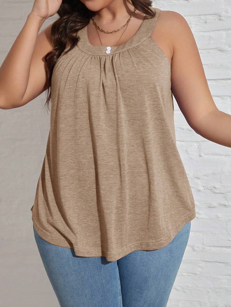 SHEIN LUNE Plus Size Round Neck Pleated Loose Summer Casual Tank Top