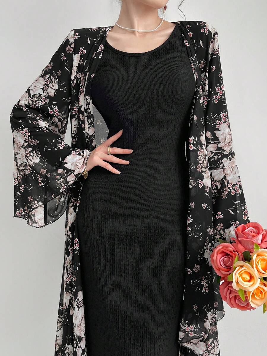 Modelyn Women Floral Print Bell Sleeve Coat And Solid Color Slim Long Dress Two-Piece Set For Spring/Autumn 2 Pieces Set