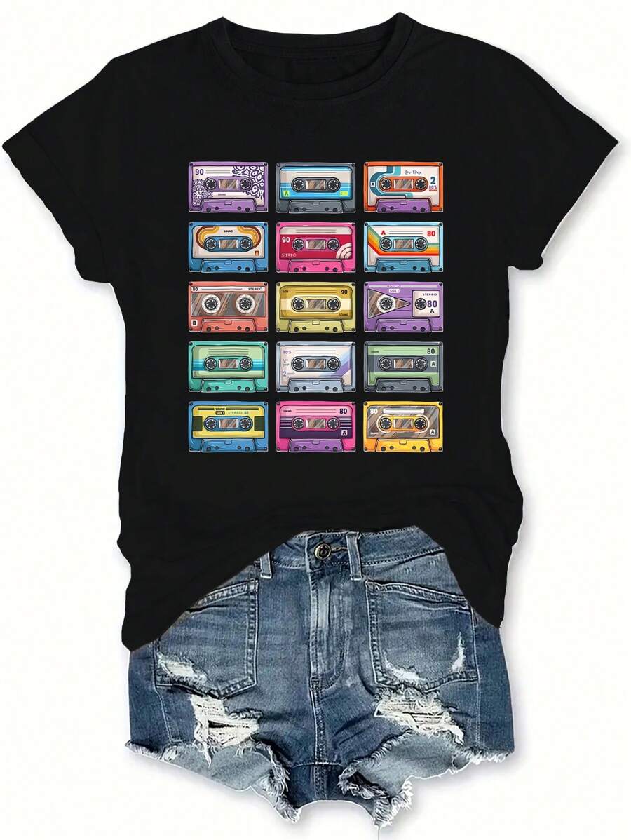 INAWLY Plus Size Magnetic Tape Printed Round Neck Short Sleeve Casual T-Shirt For Summer