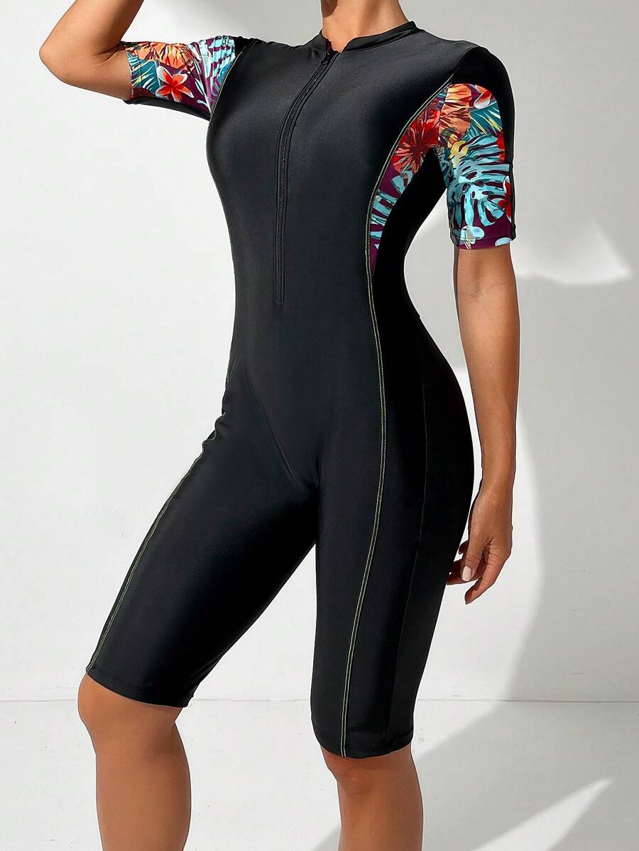 Swim SPRTY Summer Beach Women Vacation Tropical Plant Print Half-Zip Wireless Short Sleeve Surfing Suit Romper