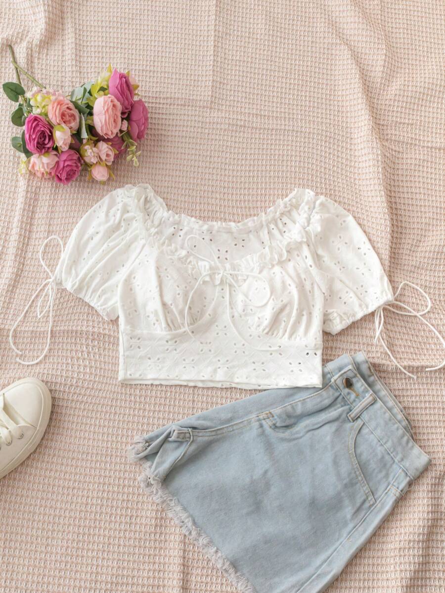 Soleia Round Neck Short Sleeve Tie Front Short T-Shirt With Frilled Hem