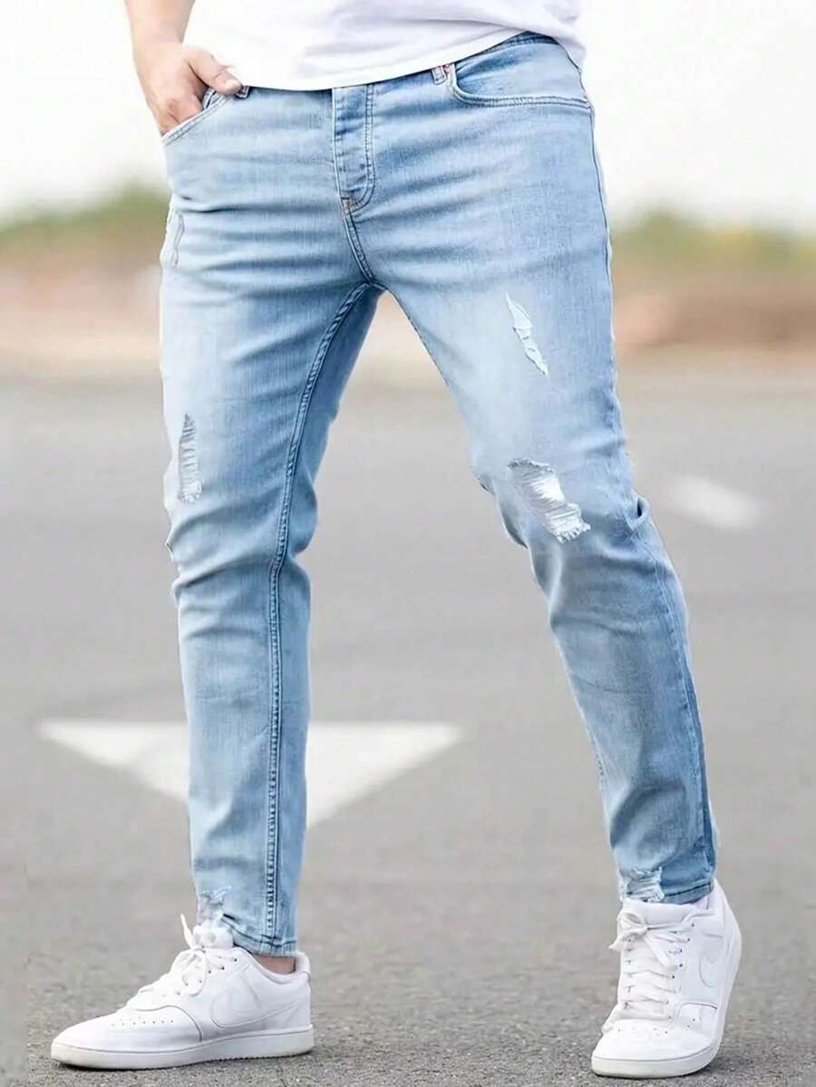 Manfinity LEGND Men Ripped Frayed Bleach Wash Jeans Straight Leg Long Jean Cargo Plain Light Blue Work Regular Shirts Friends