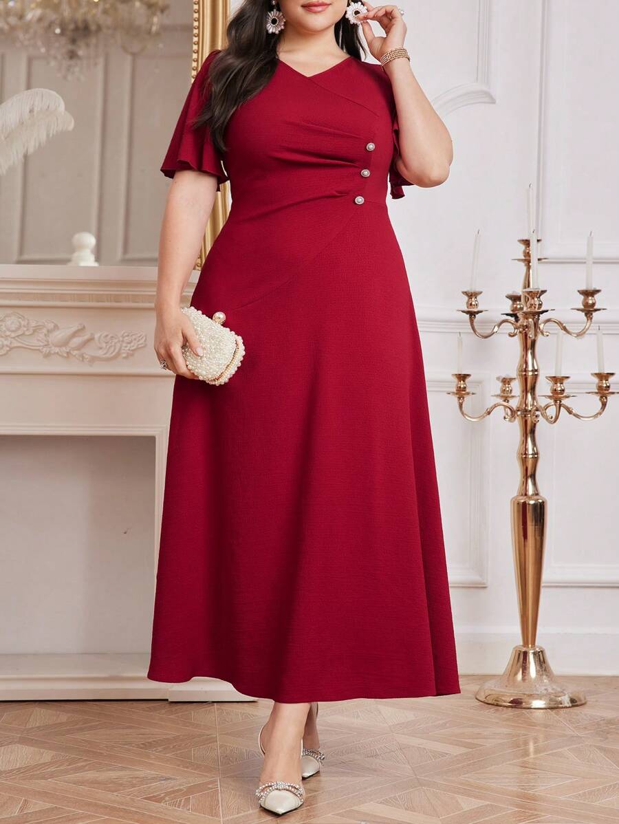 Modelyn Burgundy Red Women Solid Color Simple Daily Plus Size Dress,Elegant Evening Party Dress Long Evening Dresses