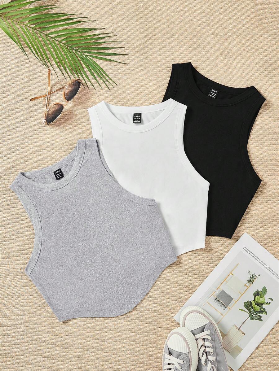 SHEIN Qutie 3pcs Round Neck Casual Slim Fit Crop Tank Top, Summer