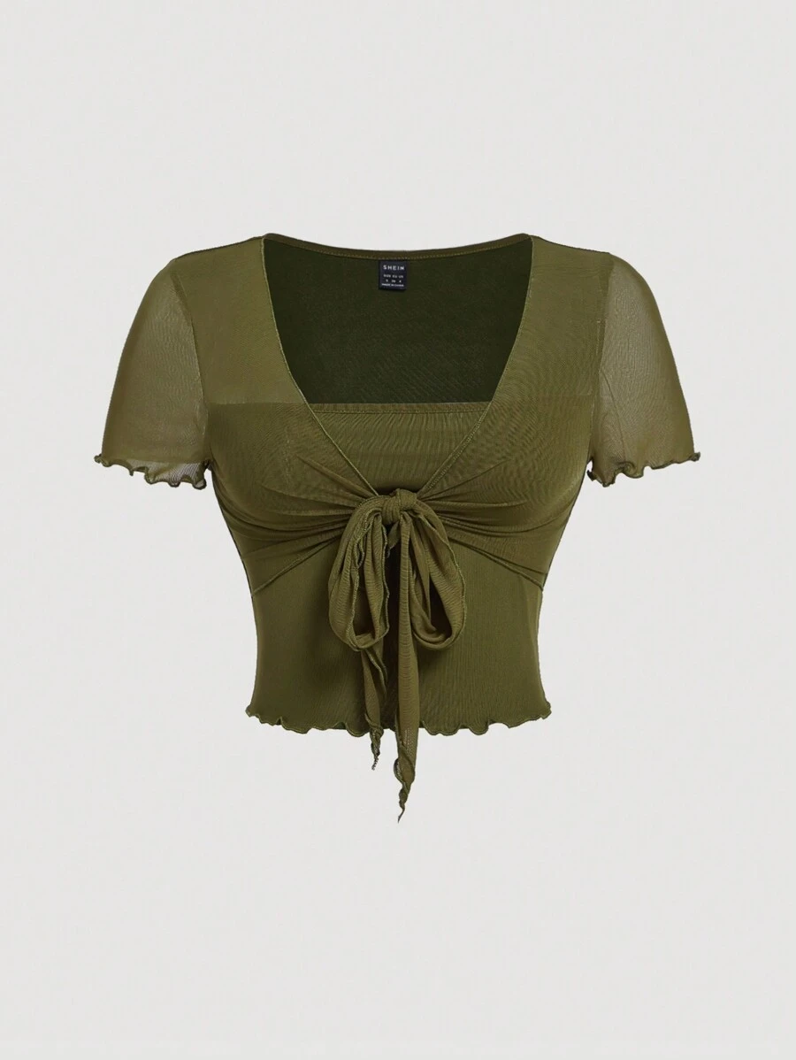SHEIN MOD Camiseta de malla elástica para mujer de talla grande, verde, con diseño de 2 en 1 en el frente y detalle de lazo