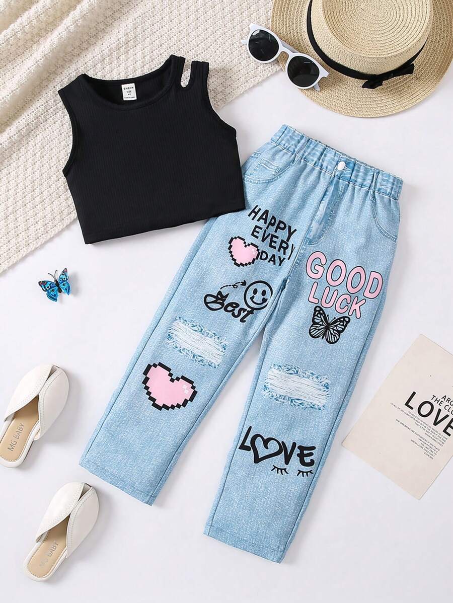 Camiseta de tirantes sólida para niña joven y pantalones gráficos con letras para ropa urbana