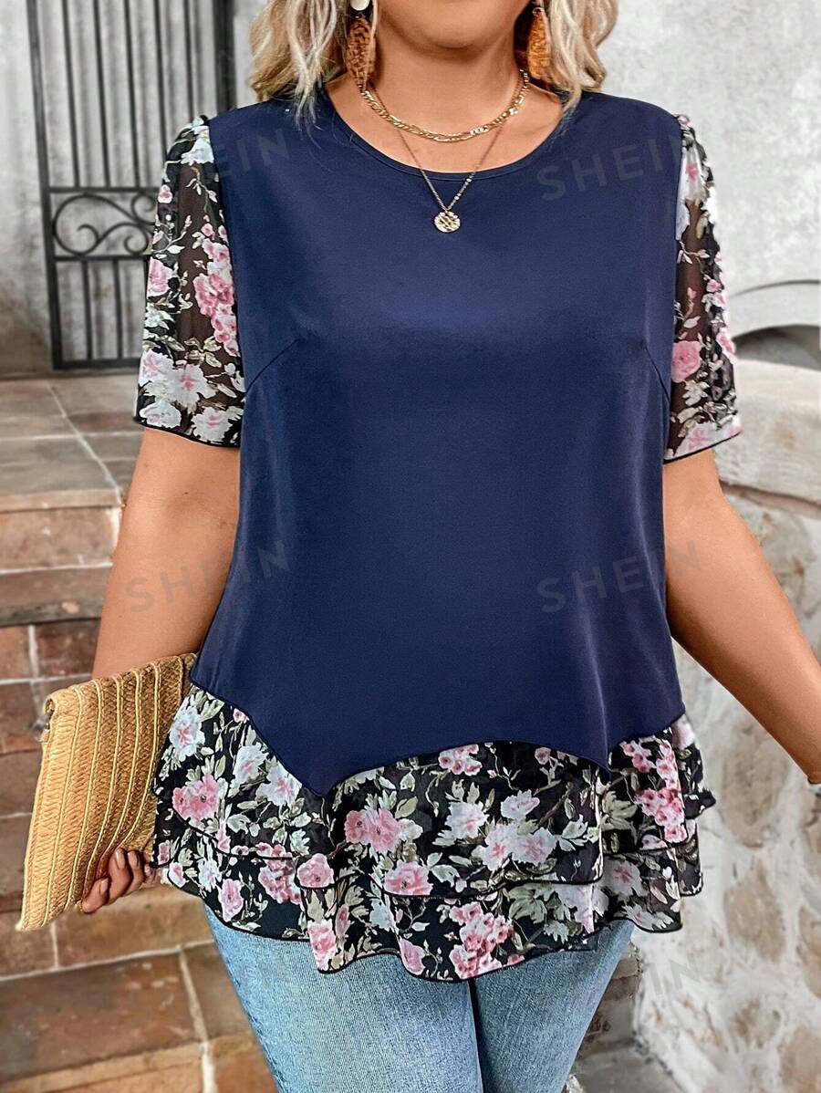 SHEIN LUNE Blusa de verano de manga corta con estampado floral para mujeres de talla grande