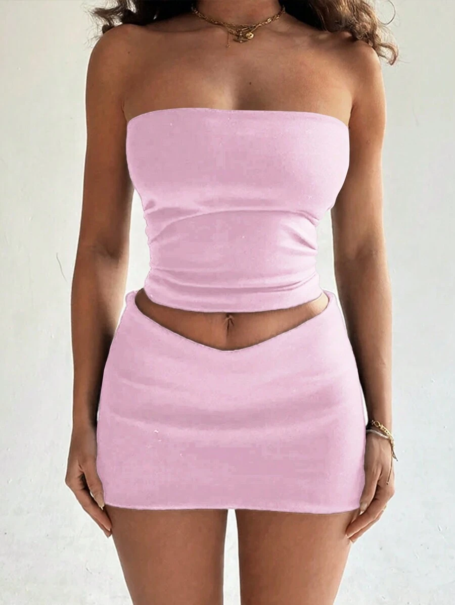 Slaydiva Ensemble de deux pièces décontracté pour femme avec top tube unicolore et jupe pour l'été