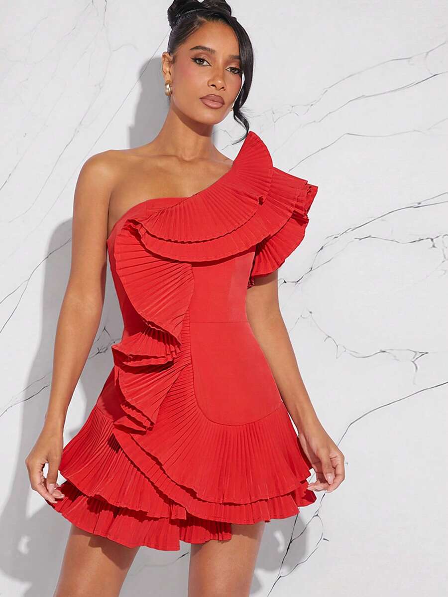 L'Amorae Fall Women Clothes, Red Elegant Exaggerated Ruffle One Shoulder Sleeveless Mini Dress, Formal Dress, Date Night, Concerts, Performances, Music Festivals, Party