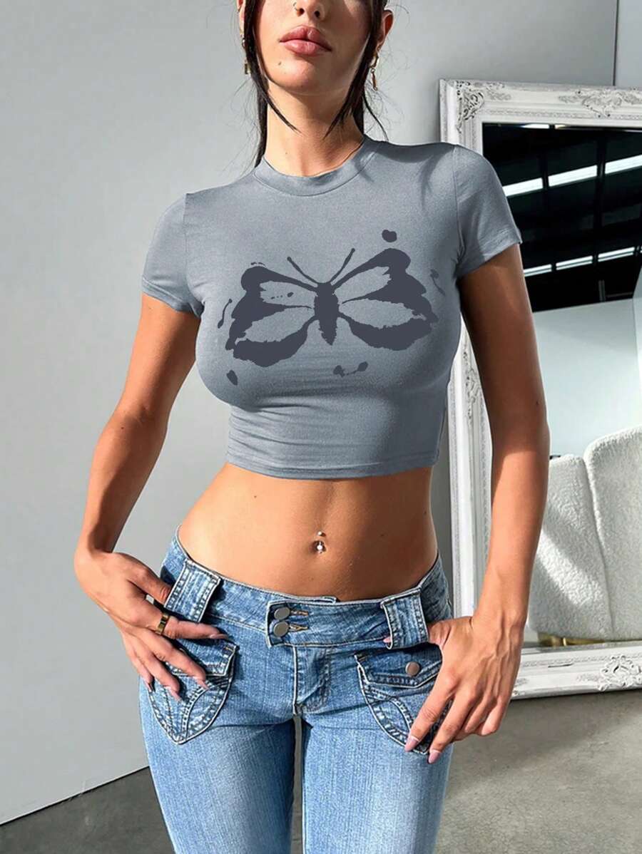 INAWLY Women Short Sleeve Butterfly Printed Cropped T-Shirt, Summer