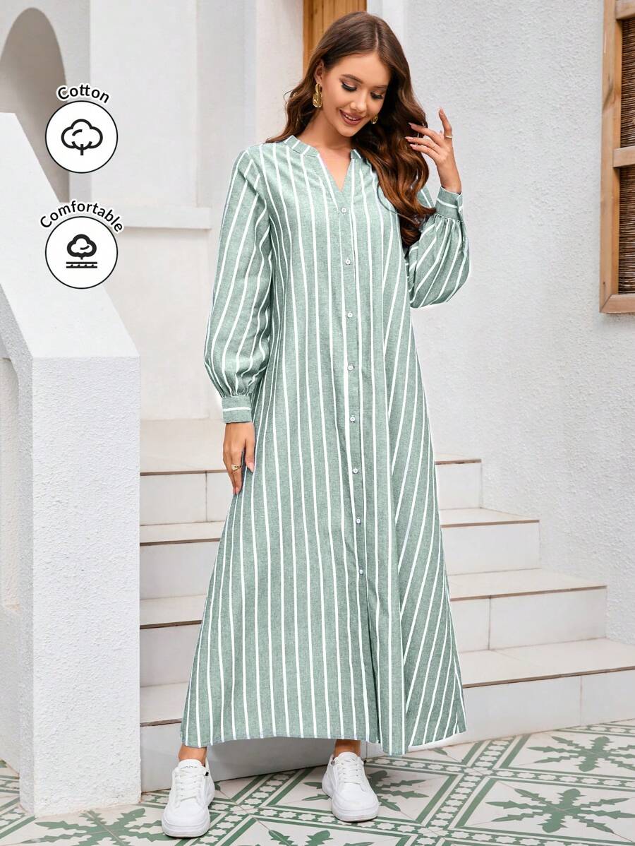 Mulvari Women Notch Neck Striped Print Casual Arabic Style Dress For Daily Wear