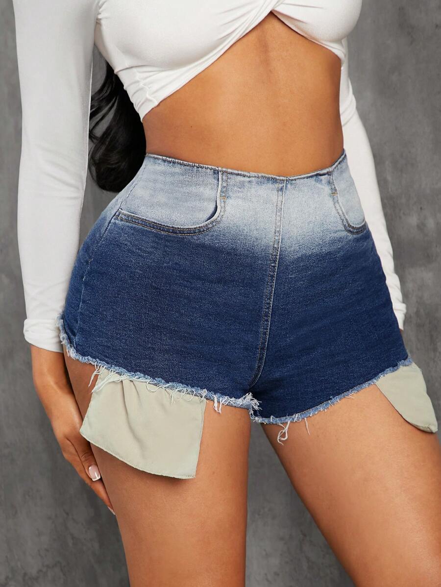 SHEIN SXY Women Gradient Color Frayed Denim Shorts For Summer