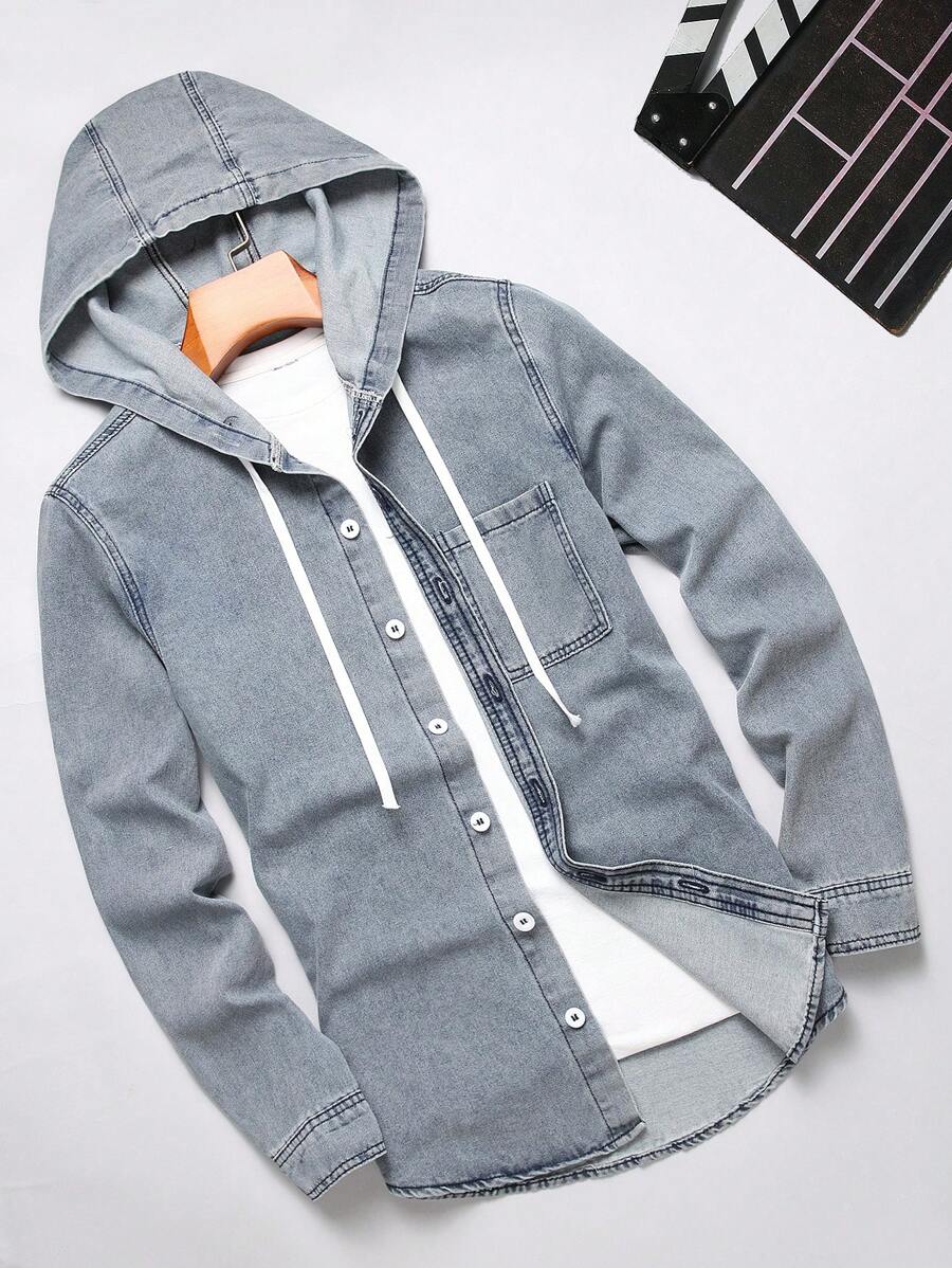 Manfinity Hypemode Casual Men Hooded Denim Shirt For Daily Wear And Easy Matching Oversize Long Sleeve Jean Button Up Cotton Plain Light Grey Shirt, Going Out Going Out Hang Out Street Urban Vacation