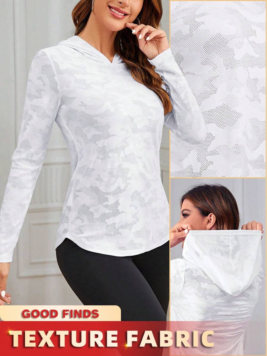 SHEIN Sport Studio Camo Print Curved Hem Sports Hoodie Fall Long Sleeve Sweatshirt
