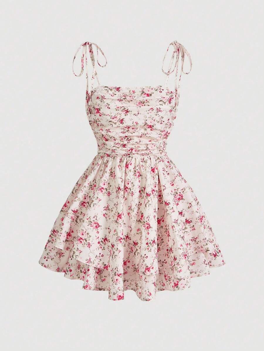 SHEIN MOD Plus Size Women's Pink Floral Print Flare Hem Spaghetti Strap Dress, Forma,Summer Dress,Sundress Short