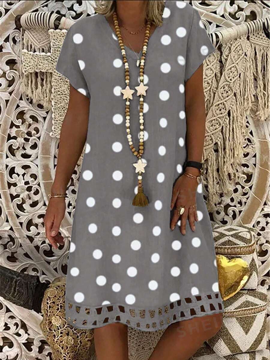 EMERY ROSE Vestido De Manga Corta Y Escote En V Con Estampado De Lunares Para Mujer