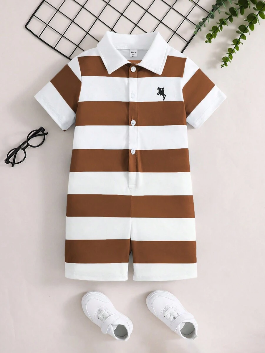 SHEIN 1 peça Macacão Casual de Verão para Bebê Menino com Listras, Manga Curta, para Férias