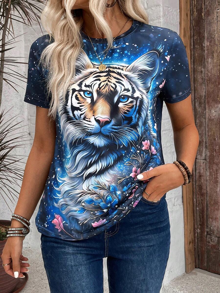 EMERY ROSE T-shirt à imprimé tigre décontracté pour femme pour l"été