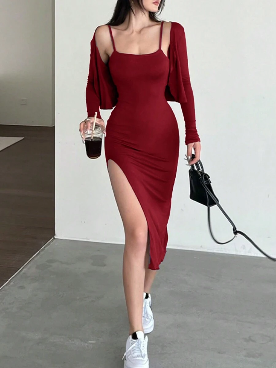 INAWLY Women Elegant Slim Fit Split Hem Cami Dress And Short Front Flap Jacket Set