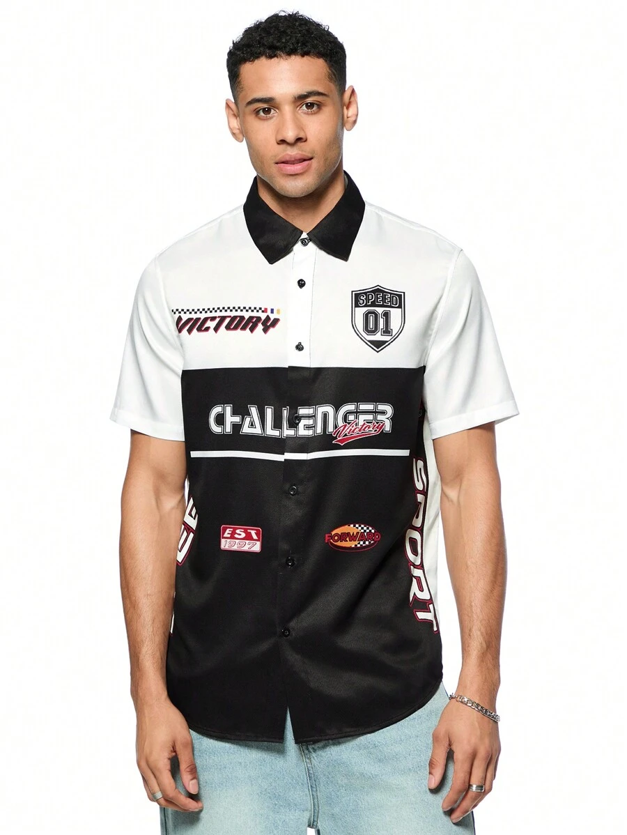 Forever 21 Men's Short Sleeve Shirt With MOTO APPLIQUE Pattern