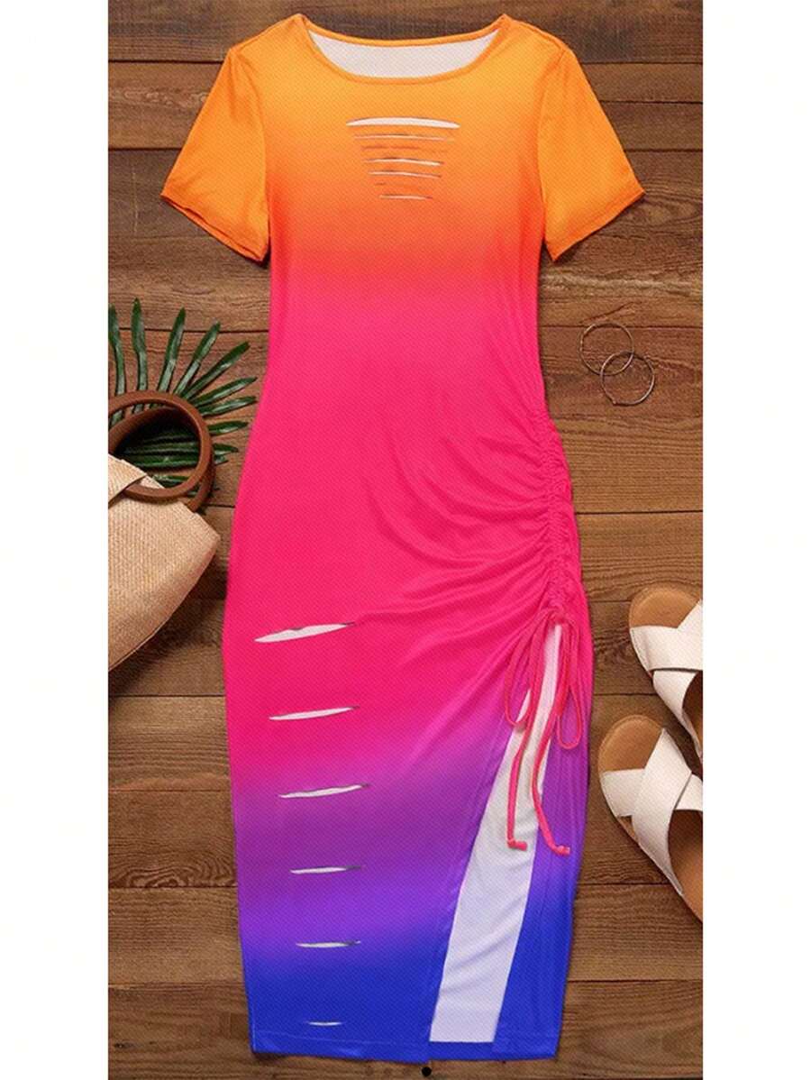 LONESS Plus Size Women's Gradient Color Round Neck Short Sleeve Dress With Drawstring And Side Slit Hem For Summer