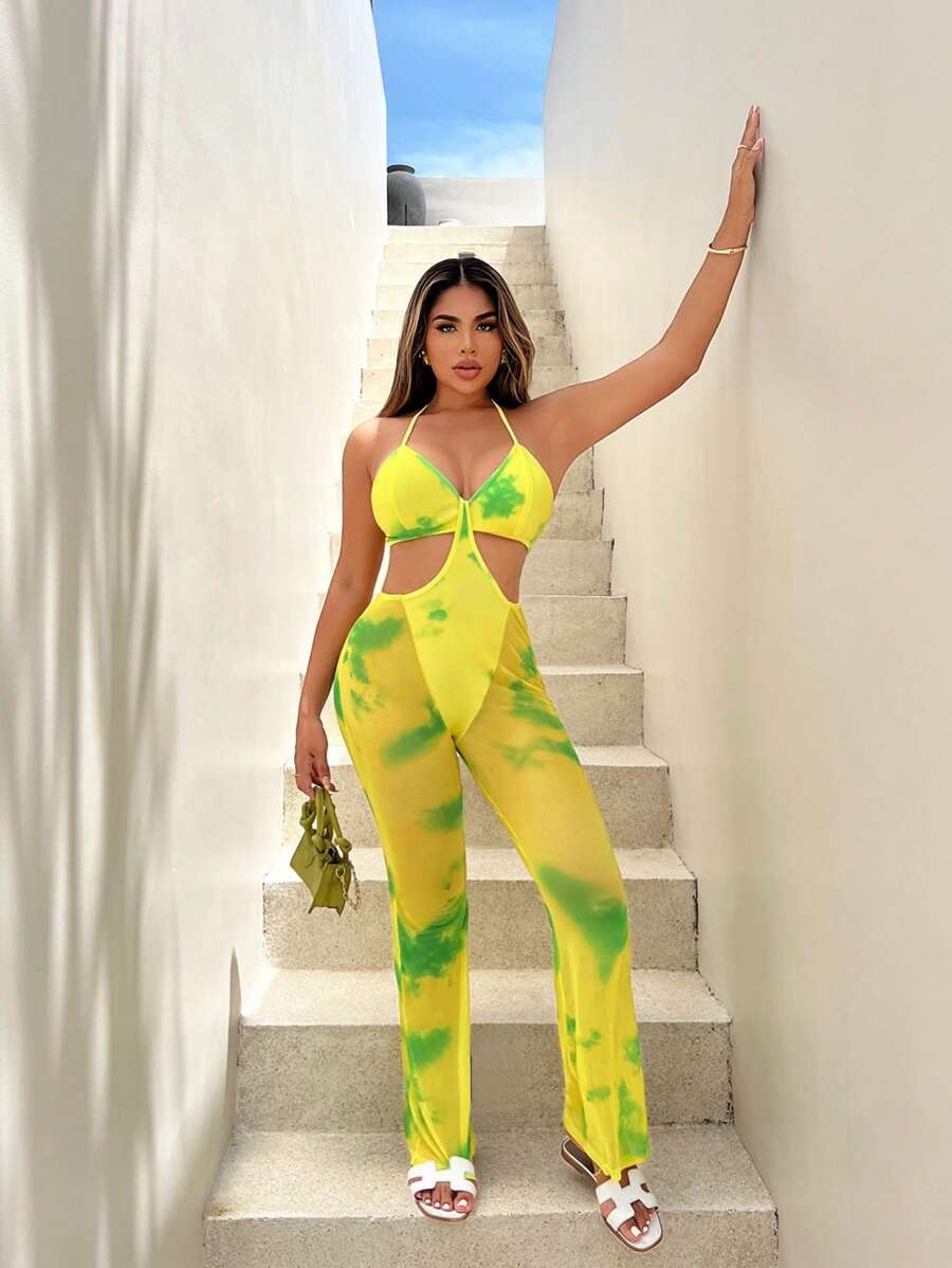 SHEIN SXY Tie-Dye Print Patchwork Perspective Flared Legs Halter Neck Jumpsuit With Waistband