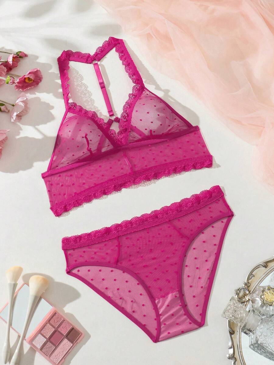 SHEIN Conjunto De Lencería De Malla De Lunares Recortados Con Encaje Sexy Para Mujer