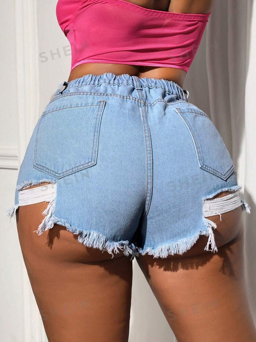 SHEIN SXY Pantalones cortos de mezclilla rasgados de talle medio y talla grande sin elasticidad a la moda