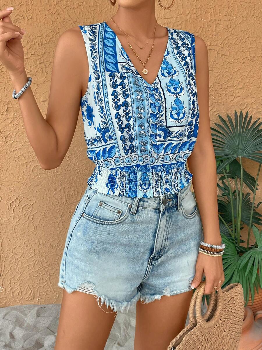 SHEIN VCAY Women Vintage Style V-Neck Floral Print Sleeveless Blouse