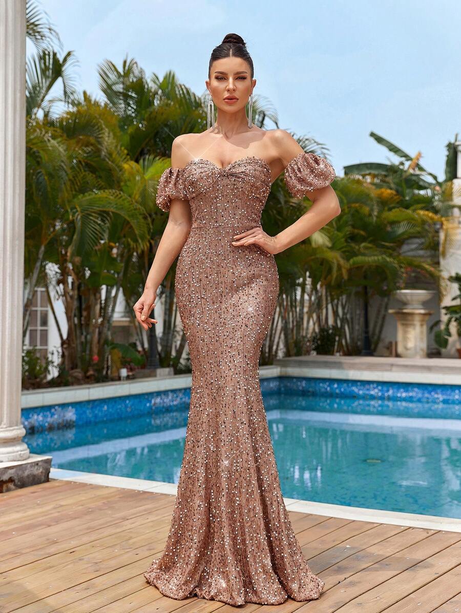 SHEIN Belle Hermoso vestido de sirena con brillantes para la noche, sin tirantes, con nudo retorcido en el busto, mangas de burbuja, con escote en el cuello.