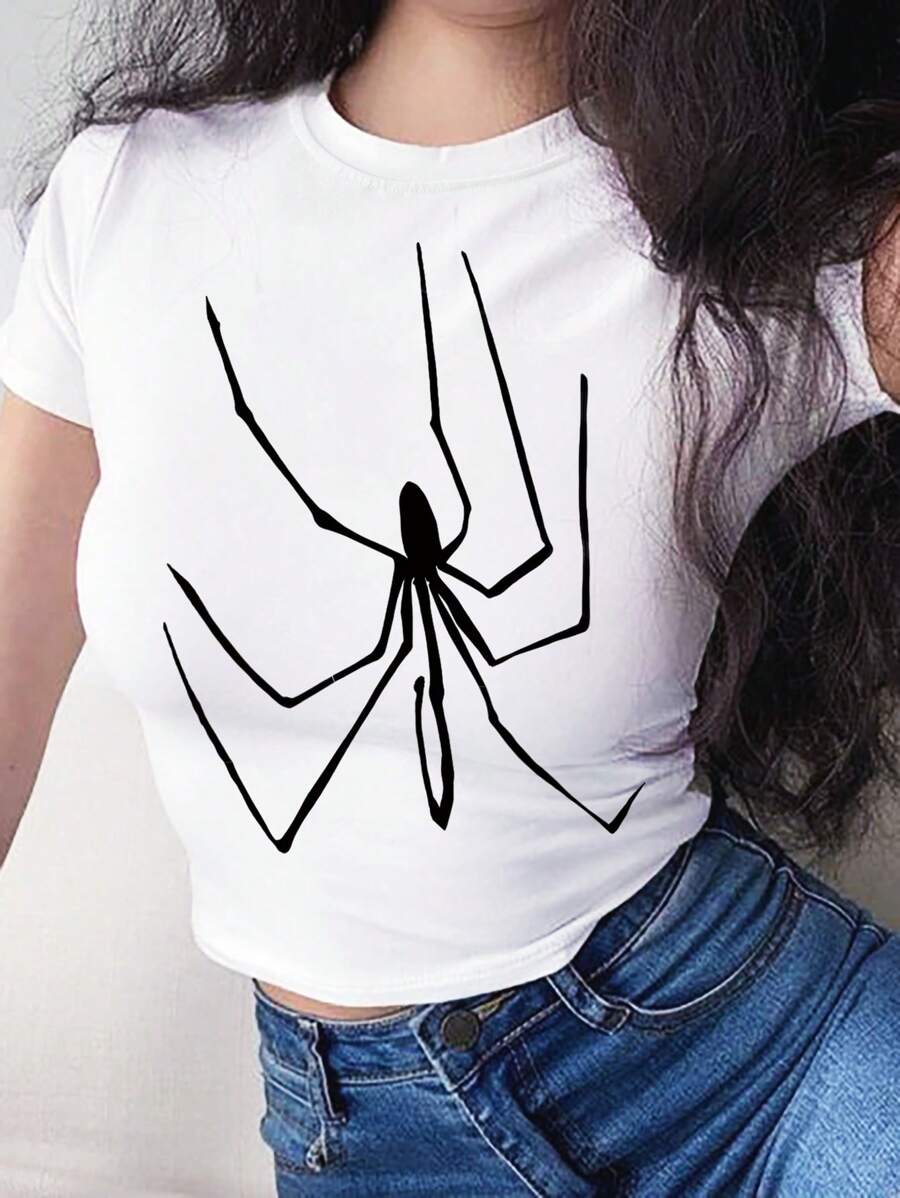 INAWLY T-shirt décontracté à manches courtes à col rond imprimé araignée pour femme en été