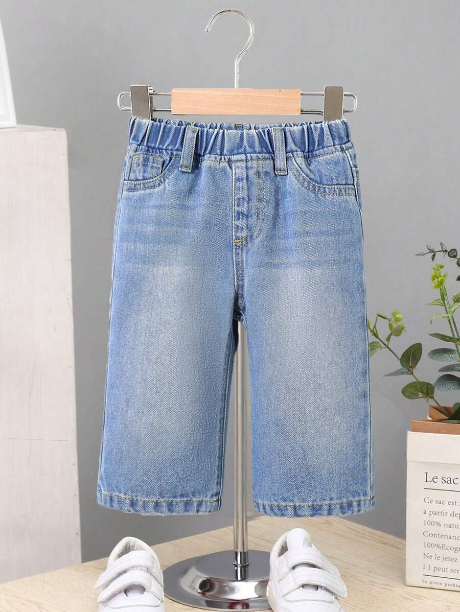 SHEIN Babyjongen Zomer Blauw Gewassen Elastische Tailleband Casual Baggy Opgestikte Zak Denim Wijde Pijpen Jeans, Babyjongen Lente En Zomer Kleding Broeken Outfits