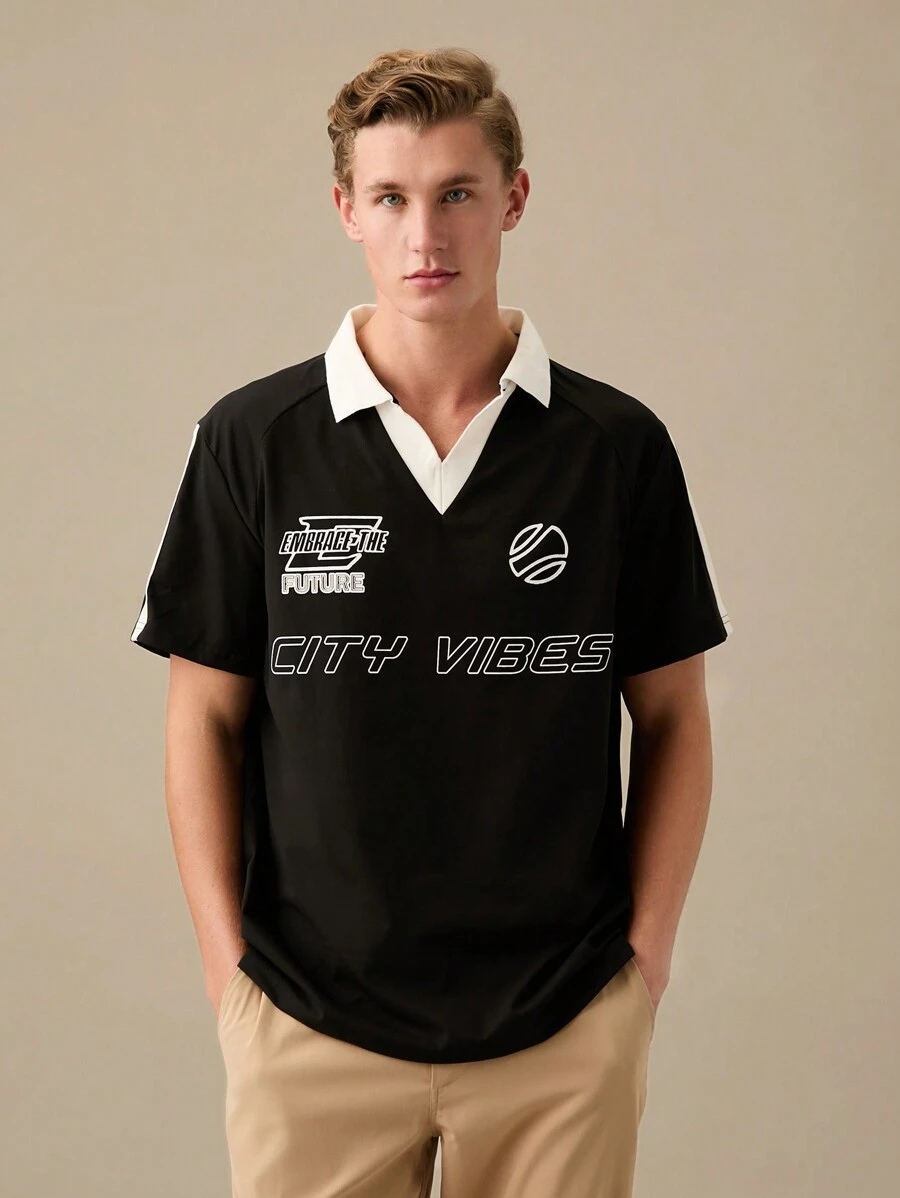 Manfinity RebelGame Men's Loose Knitted Casual Polo Shirt With Letter Print, 80S Color Block Collar Going Out Polo Shirt, Back To School Clothes, Boyfriend Gift,Back To School