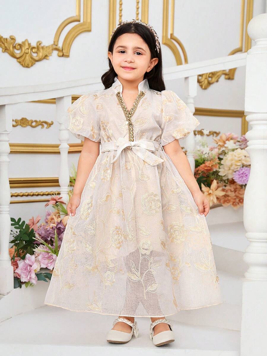 SHEIN Young Girl's Elegant Embroidered Lantern Sleeve Long Dress