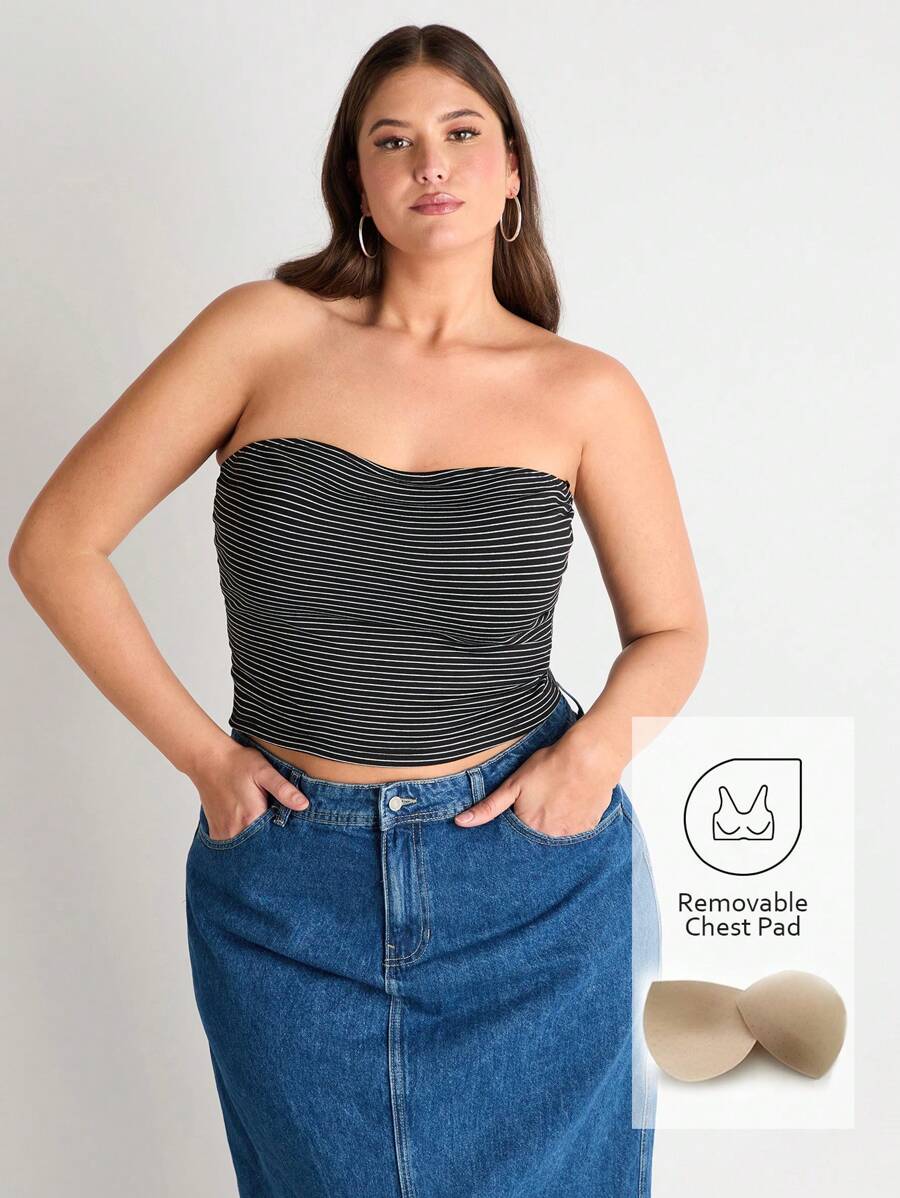 SHEIN BASICS Women's Plus Size High Elastic Striped Knitted Strapless Top With Chest Pads