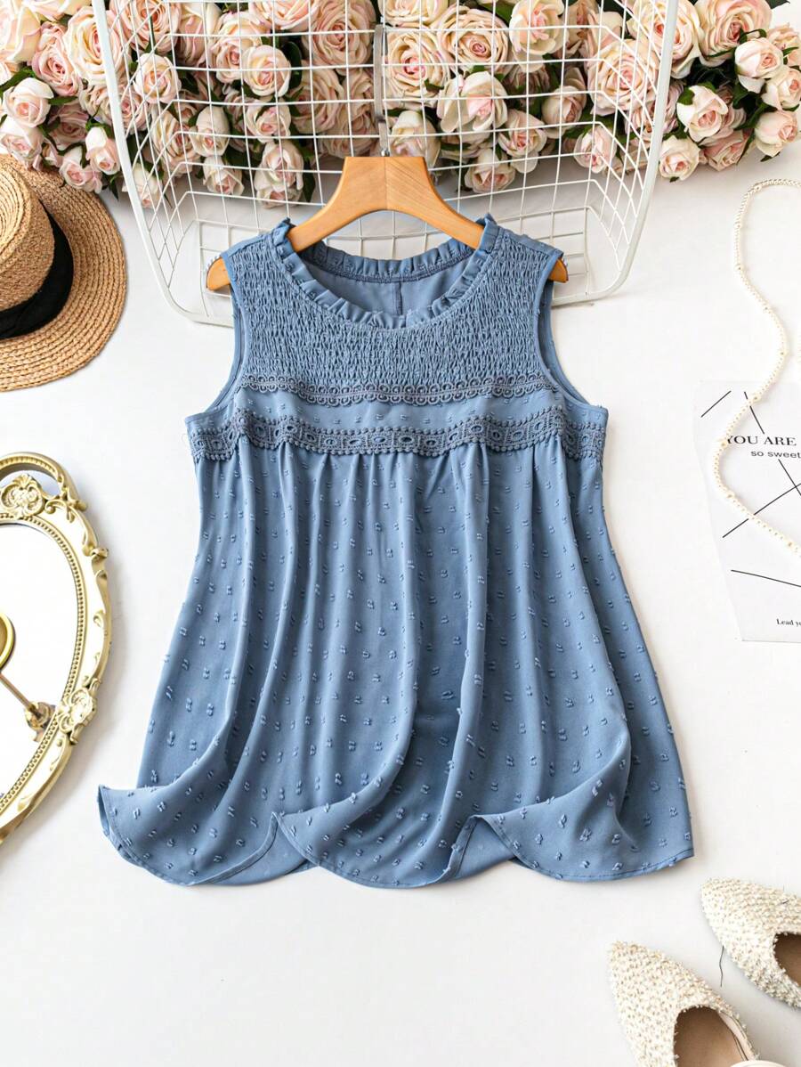 SHEIN LUNE Plus size dames zomer mouwloze tanktop losse pasvorm ronde hals met ruchesdetail