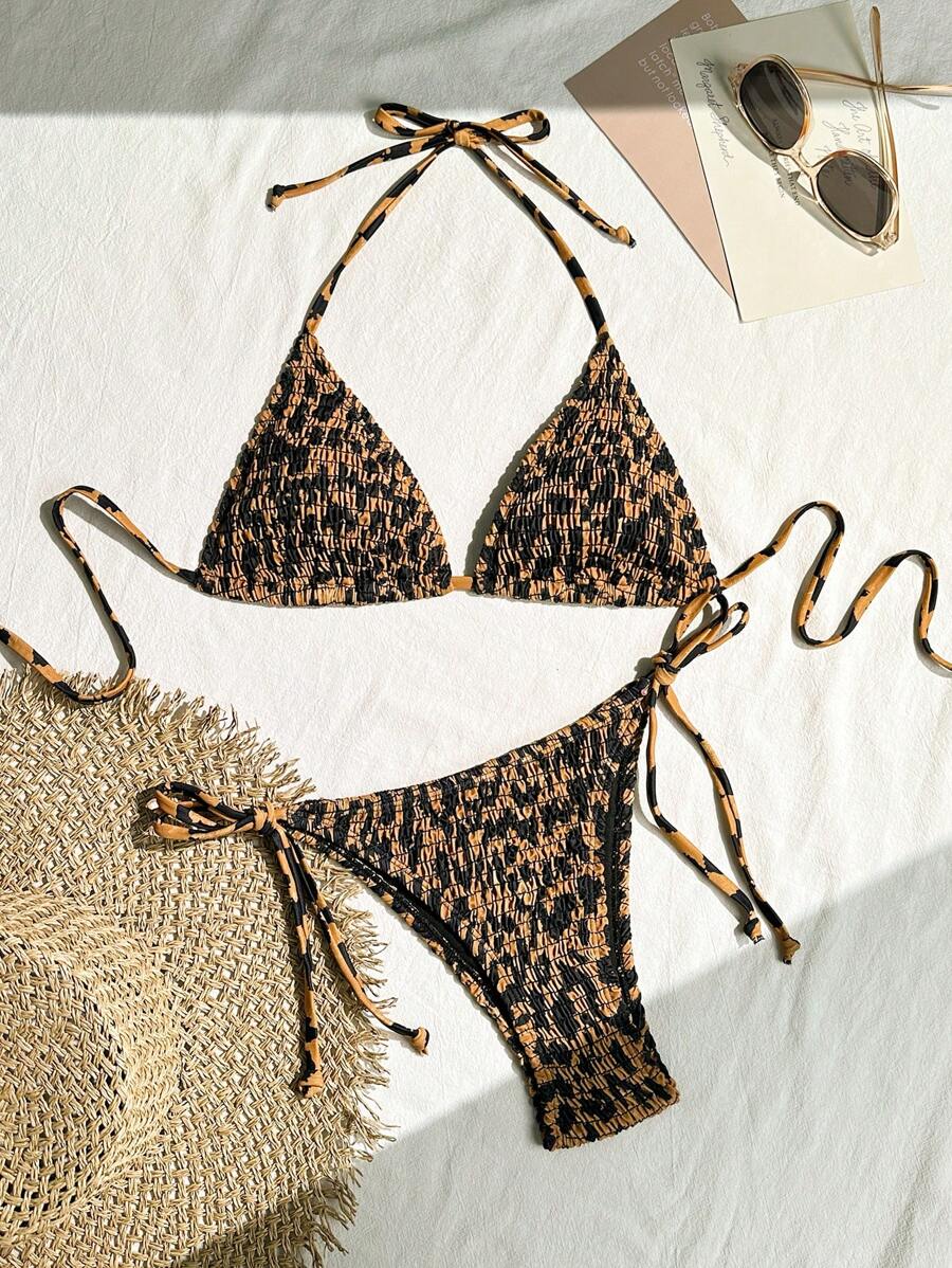 SHEIN Swim Women's 2025 Leopard Print Ruffled Halter Tie Front Bikini Swimwear Set For Beach Vacation, Summer