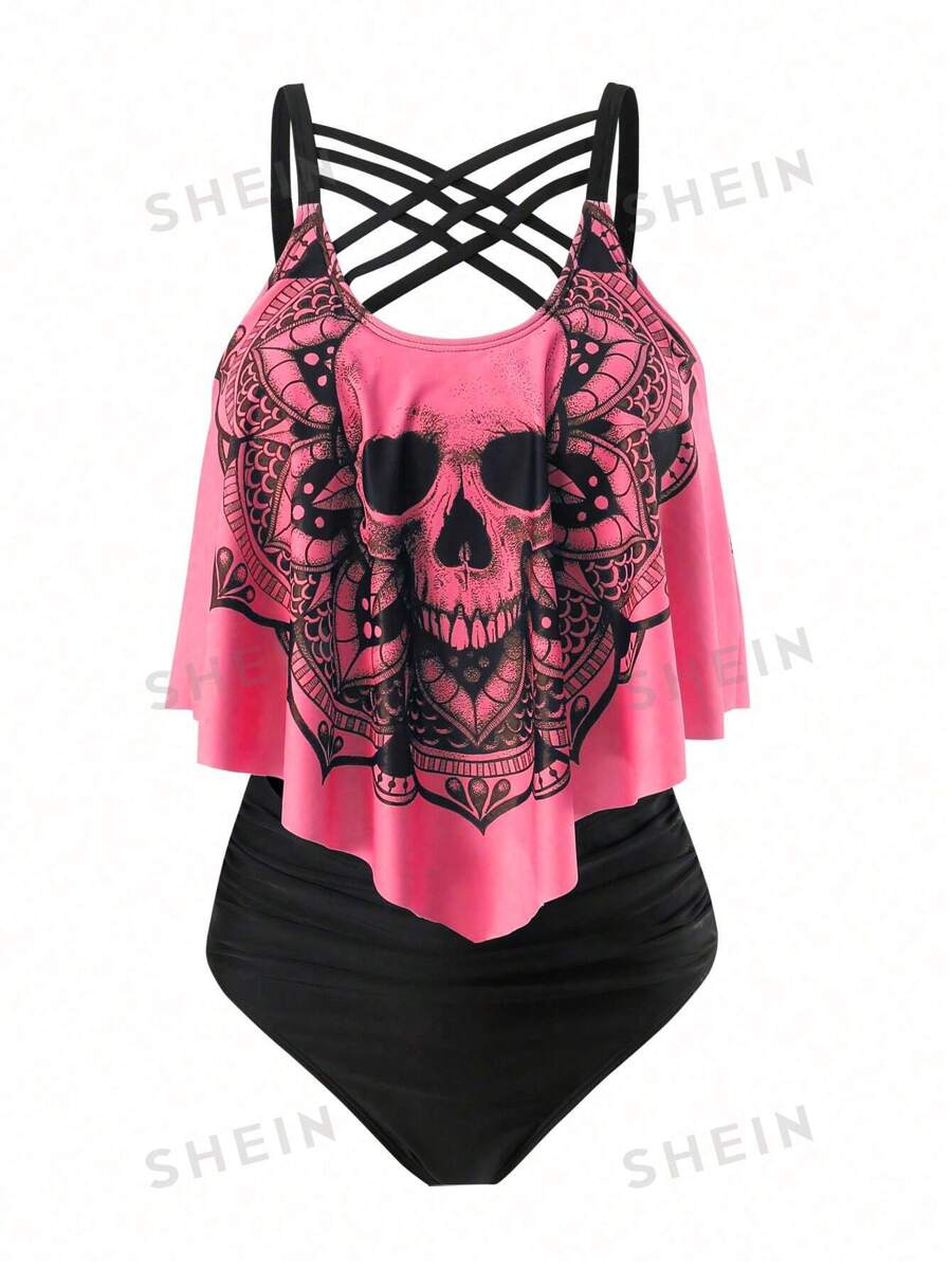 SHEIN Swim Curve Conjunto de tankini de talla grande con estampado de calaveras y mandala para playa de verano, ideal para vacaciones
